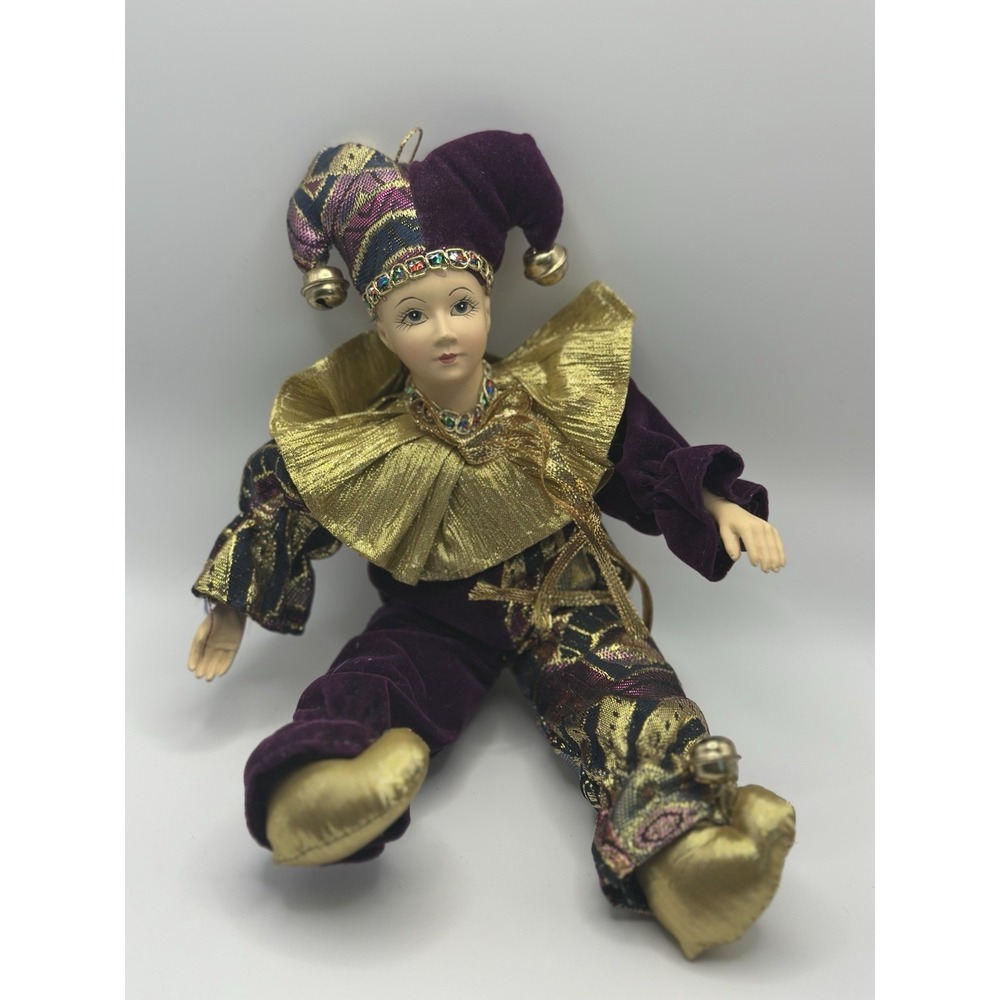 Vintage‎ Porcelain Jester Clown Doll 8" Green Purple Gold Mardi Gras